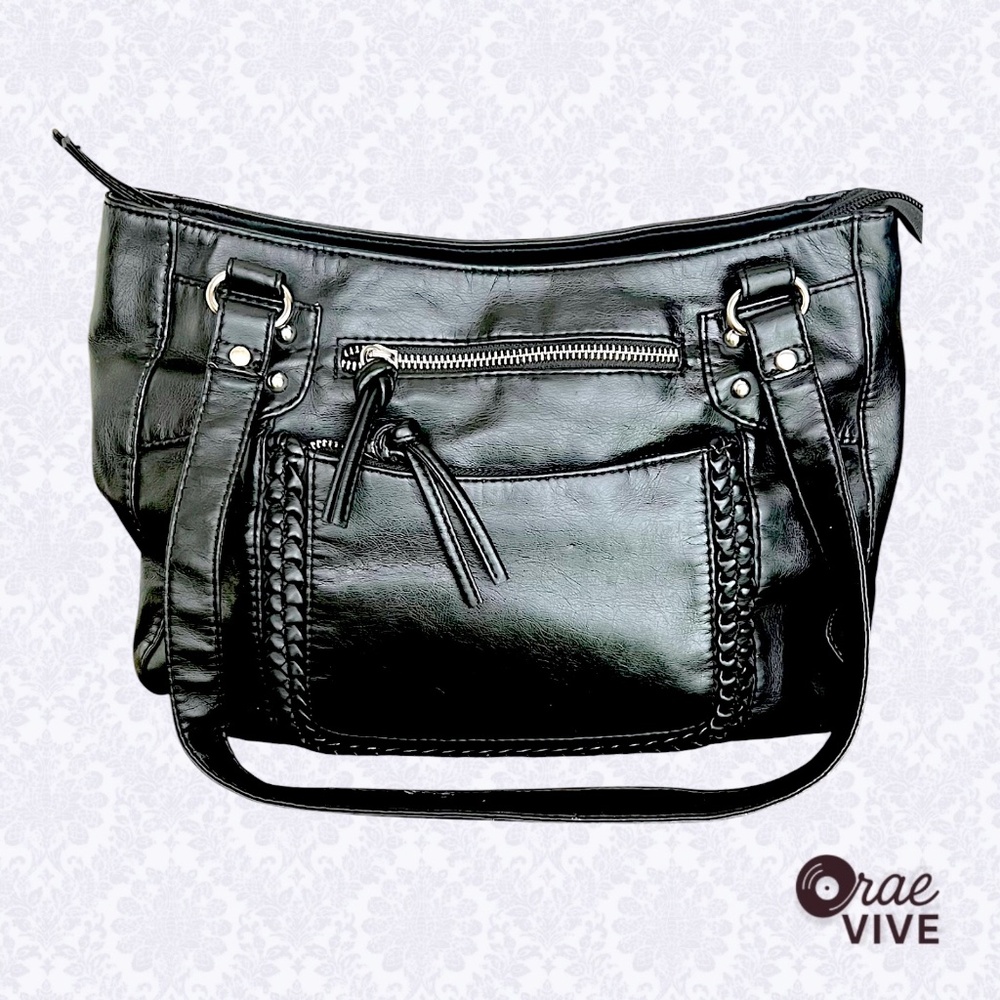 Black Faux Leather Shoulder Bag with Braided Detail